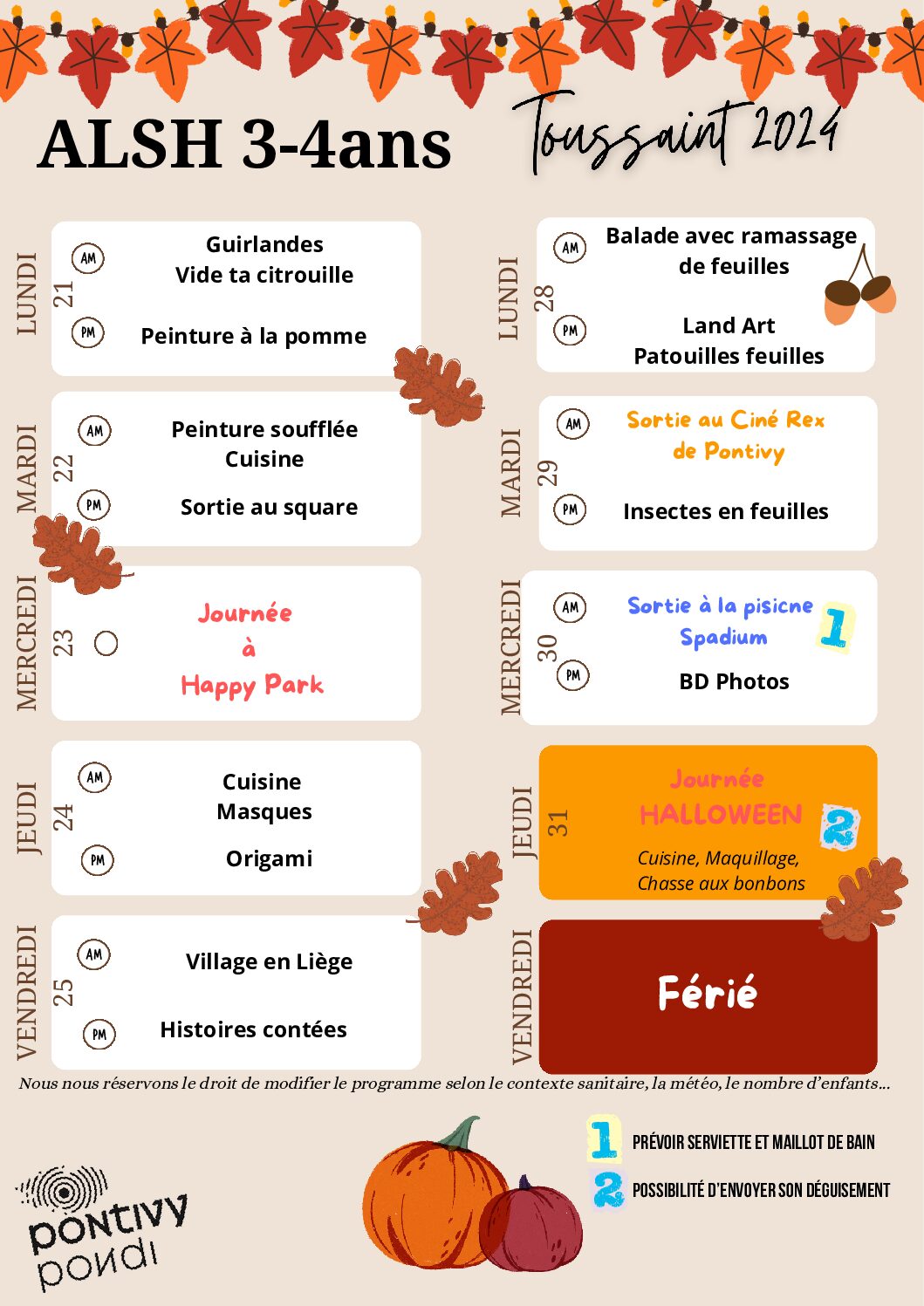 Programme ALSH vacances Toussaint 2024